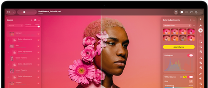 MacBook Pron näytöllä muokataan henkilöä esittävää kuvaa Pixelmator Prossa