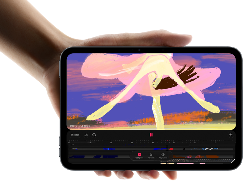 iPad miniä pidellään kädessä, etupuoli, avoinna videoeditoinnin käyttöliittymä, jossa värikkäitä klippejä, A20 Pro ‑siru mainitaan alla