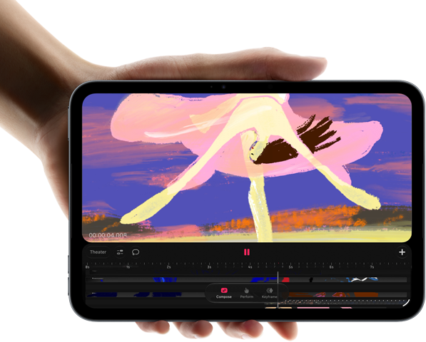 iPad miniä pidellään kädessä, etupuoli, avoinna videoeditoinnin käyttöliittymä, jossa värikkäitä klippejä, A20 Pro ‑siru mainitaan alla