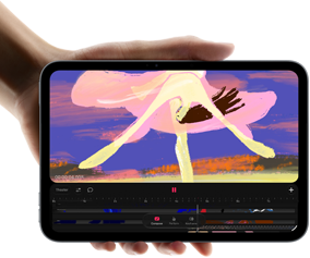iPad miniä pidellään kädessä, etupuoli, avoinna videoeditoinnin käyttöliittymä, jossa värikkäitä klippejä, A20 Pro ‑siru mainitaan alla