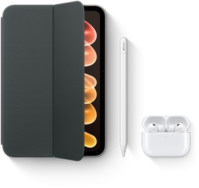 iPad mini, kuvassa yhteensopivia lisävarusteita, mukaan lukien Smart Folio iPad minille (A20 Pro), Apple Pencil USB-C ja AirPods Pro 3