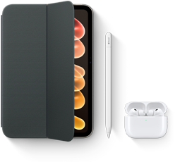 iPad mini, kuvassa yhteensopivia lisävarusteita, mukaan lukien Smart Folio iPad minille (A20 Pro), Apple Pencil USB-C ja AirPods Pro 3