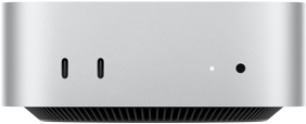 Mac mini edestä, kaksi Thunderbolt-porttia, merkkivalo ja kuulokeliitäntä, alhaalla viisto musta jalusta, tasainen yläosa, pyöristetyt sivut, suorat reunat, hopeanvärinen