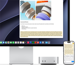 Mac mini edestä, sijoitettuna Studio Displayn alle, laitteen ja näytön oikealla puolella iPhone, jonka yläpuolella olevat leikkaa-, kopioi-, sijoita- ja automaattinen täyttö ‑toiminnot vastaavat näytöllä korostettua tekstiä ja esittelevät universaalia leikepöytää