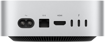 Mac mini takaa, virtajohdon liitäntä, Ethernet-portti, HDMI-portti, kolme Thunderbolt-porttia