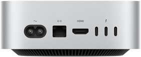 Mac mini takaa, virtajohdon liitäntä, Ethernet-portti, HDMI-portti, kolme Thunderbolt-porttia