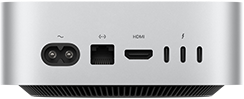 Mac mini takaa, virtajohdon liitäntä, Ethernet-portti, HDMI-portti, kolme Thunderbolt-porttia