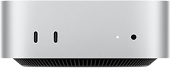 Mac mini edestä, hopeanvärinen runko, kaksi USB-C-porttia, virtapainike, merkkivalo, alareunassa jäähdytysritilä