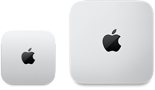 Kaksi Mac mini ‑laitetta ylhäältä, hopeanväristä alumiinia, pyöristetyt kulmat, kiiltävä musta Apple-logo keskellä, vasemmalla oleva laite on uudistettu versio ja alle puolet oikealla olevan laitteen koosta