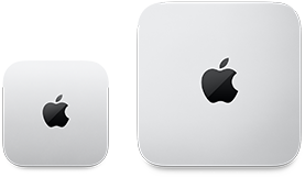 Kaksi Mac mini ‑laitetta ylhäältä, hopeanväristä alumiinia, pyöristetyt kulmat, kiiltävä musta Apple-logo keskellä, vasemmalla oleva laite on uudistettu versio ja alle puolet oikealla olevan laitteen koosta