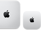 Kaksi Mac mini ‑laitetta ylhäältä, hopeanväristä alumiinia, pyöristetyt kulmat, kiiltävä musta Apple-logo keskellä, vasemmalla oleva laite on uudistettu versio ja alle puolet oikealla olevan laitteen koosta