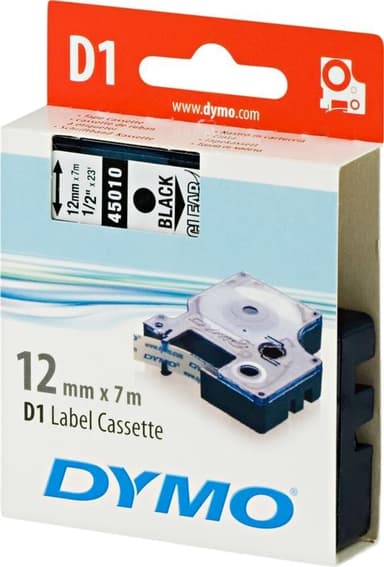 DYMO D1 merkkausteippi, 12mm, läpinäkyvä/musta teksti, 7m - 45010