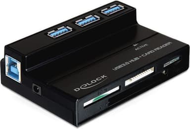 DeLOCK, USB 3.0 minneskortläsare och 3 portars hubb, 4 fack, svart