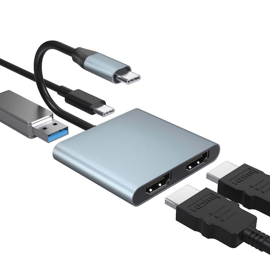 NÖRDIC USB-C - 2xHDMI-sovitin 4K30Hz 1xUSB-C 60W PD 1xUSB-A3.1 5Gbps MST-kaksois HDMI USB-tyypin C-sovitin dual HDMI