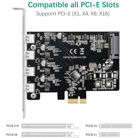 Maiwo KC019 PCI Express x1 -kortti 4:lle ulkoiselle USB 3.1:lle, 5 Gb/s Type C