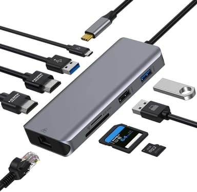NÖRDIC 1 - 9 USB-C-telakointiasema Double HDMI 4K 60Hz, 1xusb-C PD87W 3XUSB A 1xRJ45 2xSD microSD-kortinlukija Space Harmaa Dual HDMI USB-C-sovitin