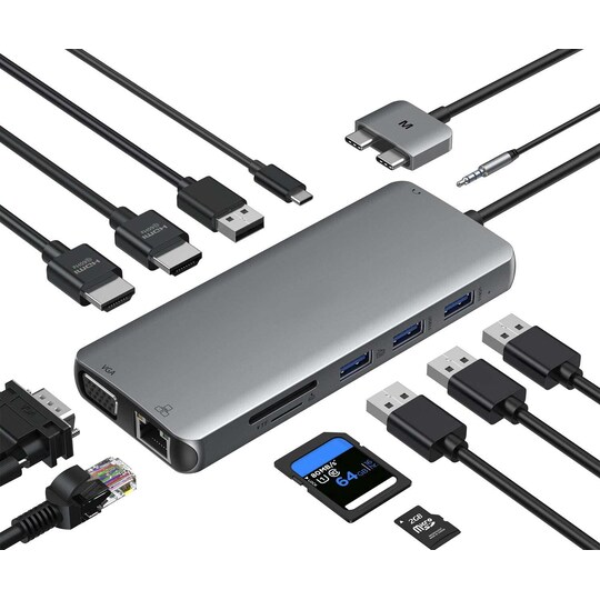 NÖRDIC Macbook Pro -telakointiasema 1-12 porttia, kaksi HDMI 1xVGA 1x USB-C PD 87W 1xRJ45 Giga 4xUSB-A 2xSD / TF 1x audio