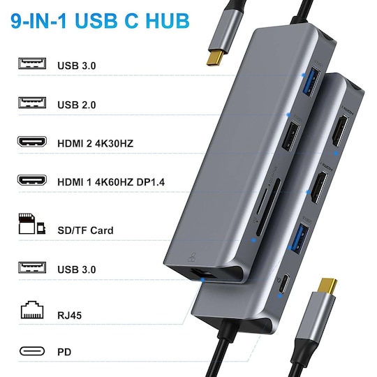 NÖRDIC 1 - 9 USB-C-telakointiasema Double HDMI 4K 60Hz, 1xusb-C PD87W 3XUSB A 1xRJ45 2xSD microSD-kortinlukija Space Harmaa Dual HDMI USB-C-sovitin