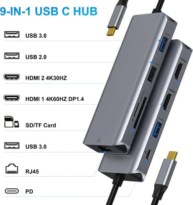 NÖRDIC 1 - 9 USB-C-telakointiasema Double HDMI 4K 60Hz, 1xusb-C PD87W 3XUSB A 1xRJ45 2xSD microSD-kortinlukija Space Harmaa Dual HDMI USB-C-sovitin