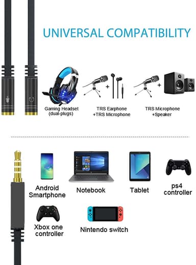 NÖRDIC audiosovitin 3,5 mm sovitin mikrofonille ja kuulokkeille, 30 cm, TRRS–2x TRS
