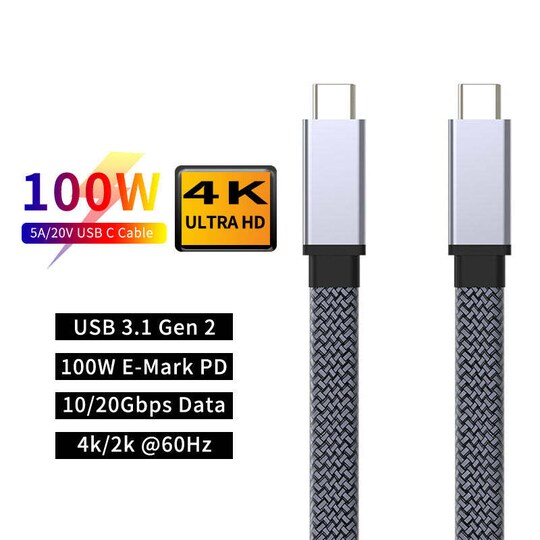 NÖRDIC 1,5 m litteä ja ohut kaapeli USB3.2 Gen2 USB-C to C pikalataus Power Deliveryllä PD100W 5A 10Gbps 4K 60Hz Emarkerilla