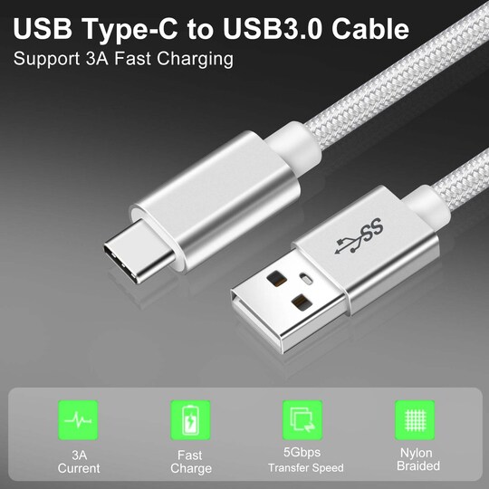 NÖRDIC 5m USB3.2 Gen1 USB-C nailonpunoskaapeliin pikalataus 3A 5Gbps Virtalähde PD 60W valkoinen