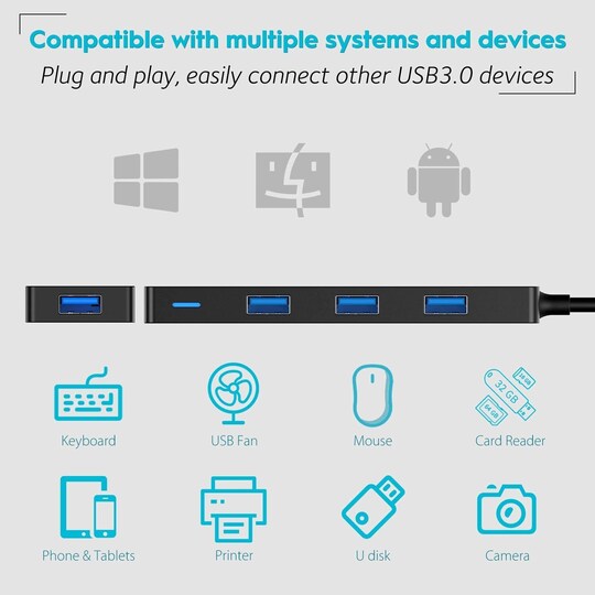 NÖRDIC USB C 3.1 4-porttinen 5 Gb/s keskitin, 17cm kaapeli, musta