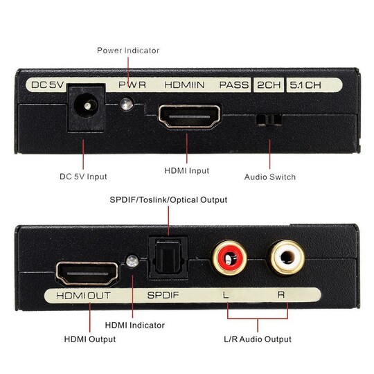NÖRDIC HDMI-äänenerotin, 1x HDMI-tulo 1x HDMI 4K 30 Hz, 1x Toslink- ja 2x RCA-lähtö