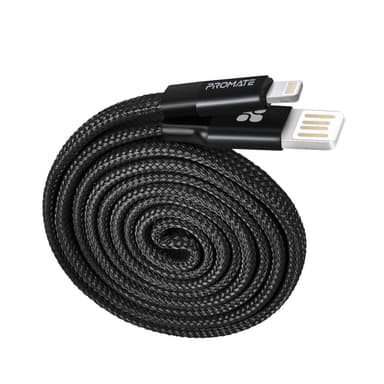 PROMATE Apple Lightning (ei MFI) USB A 2 A, lataamiseen ja synkronointiin, alumiiniliittimillä ja nailontekstiili, litteä kaapeli