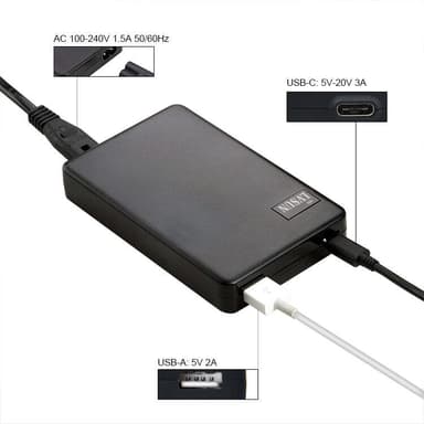 NÖRDIC 60 W USB C -kannettavan tietokoneen verkkolaite ja ylimääräinen USB A