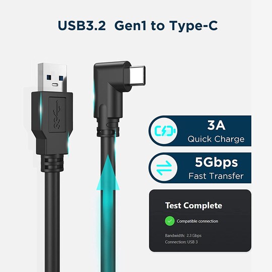 NÖRDIC VR Link -kaapeli 5 m USB3.2 Gen1 USB-C - 5 Gbps 3A nopea lataus Oculus Quest 2 Super Speed ​​​​USB