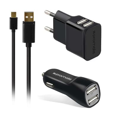 Promate CHARGMATE -laturisarja, 2 porttia, 2,1 A USB-seinälaturi 2 porttia, 3,1 A, USB-autolaturi ja USB-kaapeli 1,2 m, musta