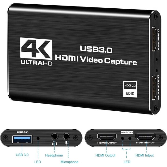 NÖRDIC Videokaappaussovitin USB3.0 HDMI-lähtö 4K 60Hz HDMI silmukkamikrofonilla ja audioulostulolla HDMI signaalin silmukkalähtö