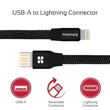 PROMATE Apple Lightning (ei MFI) USB A 2 A, lataamiseen ja synkronointiin, alumiiniliittimillä ja nailontekstiili, litteä kaapeli