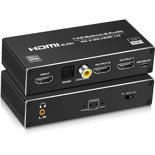 NÖRDIC HDMI-jakaja 1-2 ja äänenpoisto 4K60Hz HDCP2.3 HDR10 Toslink SPDIF + koaksiaali + 3,5 mm audio