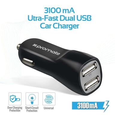 Promate CHARGMATE -laturisarja, 2 porttia, 2,1 A USB-seinälaturi 2 porttia, 3,1 A, USB-autolaturi ja USB-kaapeli 1,2 m, musta