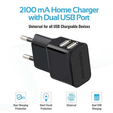 Promate CHARGMATE -laturisarja, 2 porttia, 2,1 A USB-seinälaturi 2 porttia, 3,1 A, USB-autolaturi ja USB-kaapeli 1,2 m, musta