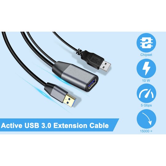 NÖRDIC Active 10m USB3.1 jatkokaapeli 5Gbps USB Uros-naaras Xbox, PS5, Oculus, tulostimelle, skannerille, Playstation, VR USB-jatkokaapelille
