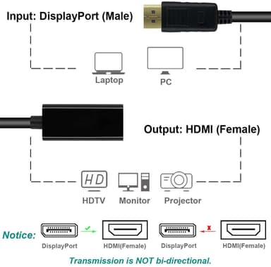 NÖRDIC Displayport ur–HDMI na -sovitin 4Kx2K 30 Hz:lla 4,96Gb/s, kullatut liittimet, 20 cm