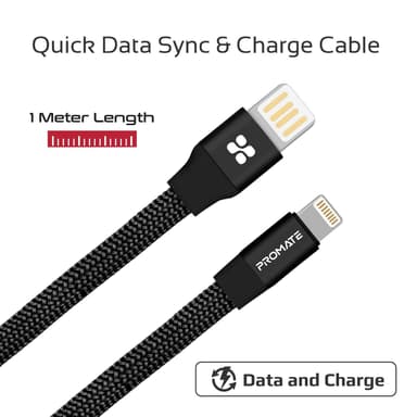 PROMATE Apple Lightning (ei MFI) USB A 2 A, lataamiseen ja synkronointiin, alumiiniliittimillä ja nailontekstiili, litteä kaapeli