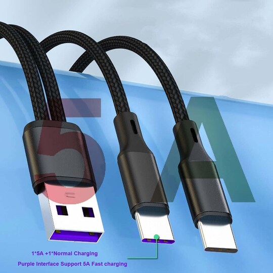 NÖRDIC USB-A latauskaapeli kahdelle USB-C 1,2m 5A jakokaapelin lataukseen