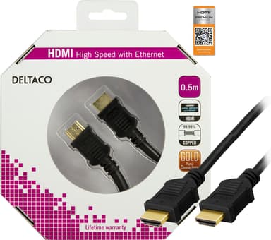 DELTACO HDMI-kaapeli, v1.4+Ethernet, 19-pin ur-ur, 1080p,musta, 0,5m