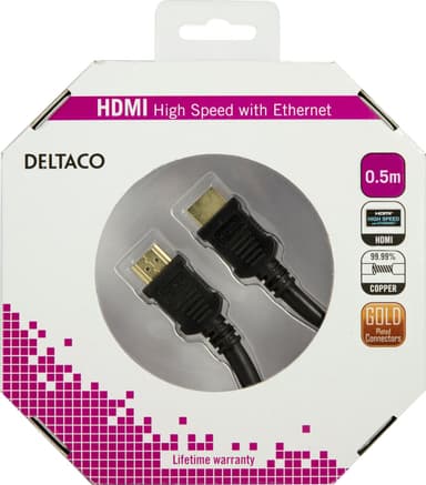 DELTACO HDMI-kaapeli, v1.4+Ethernet, 19-pin ur-ur, 1080p,musta, 0,5m