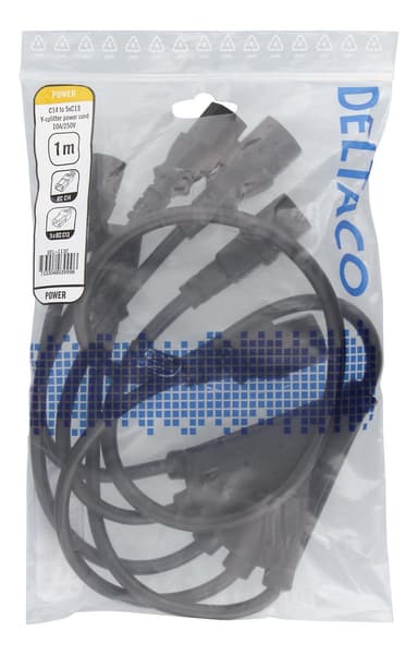 DELTACO laitekaapeli IEC C14 - 5x IEC C13, 1m, 10A/250V, Y-haaroitin