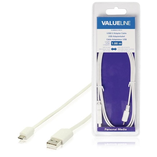 USB 2.0 Kaapeli USB A Uros - Micro B-Uros Litteä 1.00 m Valkoinen