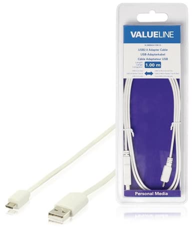 USB 2.0 Kaapeli USB A Uros - Micro B-Uros Litteä 1.00 m Valkoinen