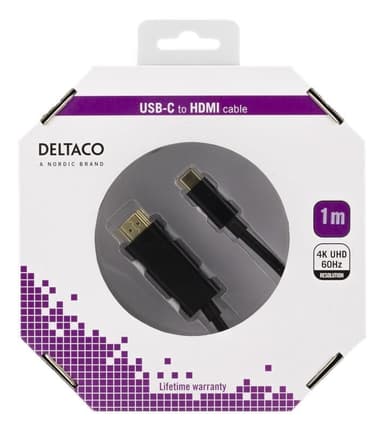 DELTACO USB-C - HDMI-kaapeli, 1m, 4K, HDCP 2,2, 3D, musta