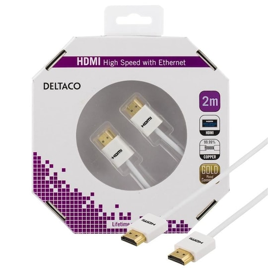 DELTACO ohut HDMI-kaapeli, HDMI High Speed with Ethernet, 2m, valk.