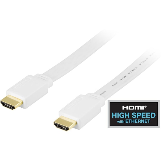 DELTACO HDMI v1.3 kaapeli 4K, Ethernet,3D, paluu, litteä valk,2m