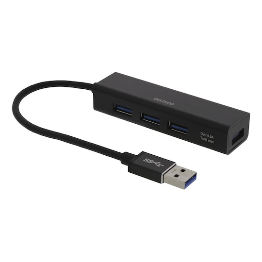 DELTACO USB-pienoishubi, 4 USB-A-porttia, USB 3.1 Gen 1, musta